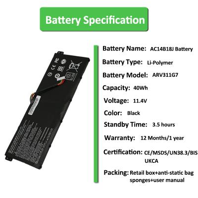 Bateria 11,4 V 40 Wh AC14b18J para notebook Acer Aspire V3-111
